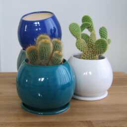 Medium Pottery Sphere Planter With Drainage Tray - Handmade Minimalist Ceramic Succulent Plant Pot - thumbnail 1