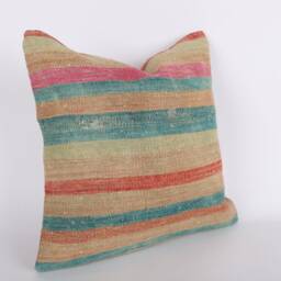 Vintage Turkish Kilim Pillow Cover Handwoven Wool Cushion - 16x16 - thumbnail 3