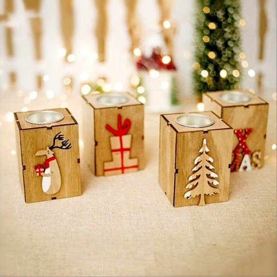 Set Of 4 Rustic Candle Holders, Wooden Tea Lights Christmas Decoration, Ornaments, Reindeer, Tree - image 1