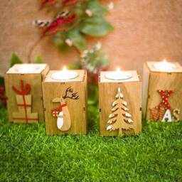 Set Of 4 Rustic Candle Holders, Wooden Tea Lights Christmas Decoration, Ornaments, Reindeer, Tree - thumbnail 2