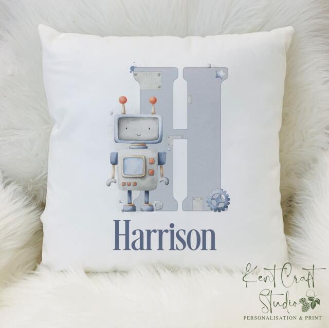 Personalised Robot Cushion, Alphabet Boy's Bedroom Cushion Gift, Home D??cor, Gift For Boys - image 1