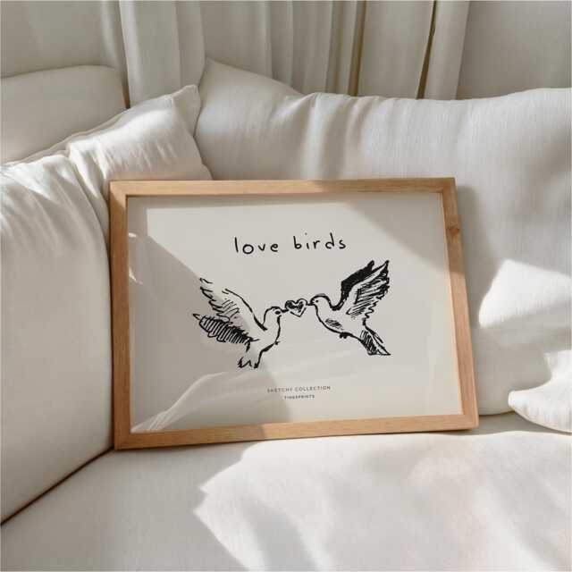 Love Birds Print Minimal Illustration Romantic Valentine Quote Poster Landscape Horizontal Wall Art - image 1
