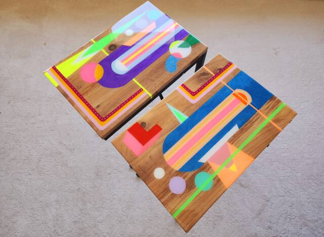 Mid Century Modern Resin C Table, Boho Painted Abstract Design - image 1