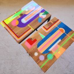 Mid Century Modern Resin C Table, Boho Painted Abstract Design - thumbnail 3