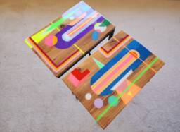 Mid Century Modern Resin C Table, Boho Painted Abstract Design - thumbnail 1