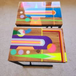 Mid Century Modern Resin C Table, Boho Painted Abstract Design - thumbnail 2