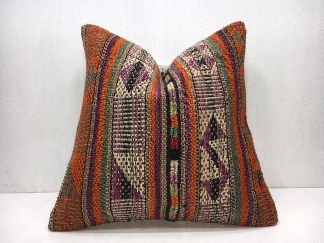 Vintage Kilim Pillow Cover, Bohemian Throw 16x16 - image 1