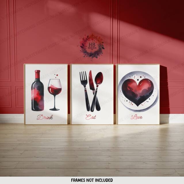 Kitchen Dining Print - Set Of 3 Prints - Red Watercolor Posters Food & Drink Wall Art Home Decor Pictures For Room - image 1