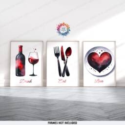 Kitchen Dining Print - Set Of 3 Prints - Red Watercolor Posters Food & Drink Wall Art Home Decor Pictures For Room - thumbnail 2