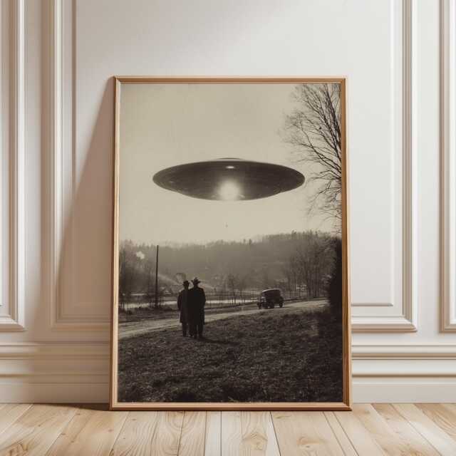 Vintage Ufo Photograph Poster, Retro Black & White Sci-Fi Wall Art - image 1