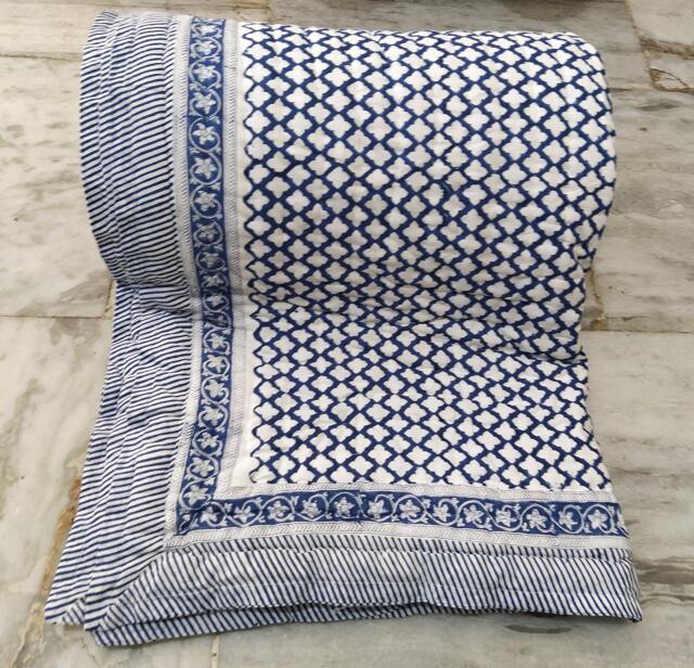 Indigo Hand Block Printed Cotton Quilt Reversible Indian Bedding - image 1