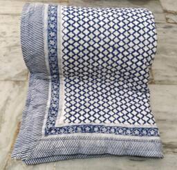 Indigo Hand Block Printed Cotton Quilt Reversible Indian Bedding - thumbnail 1
