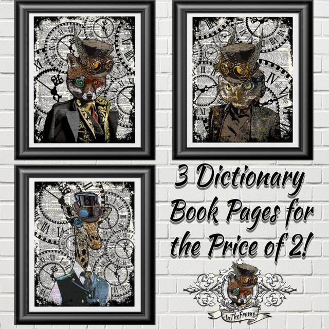 steampunk Collection Print, Mr Fox Print, Owl & Giraffe Dictionary Book Art, Unique Wall Decor, Animal Print - image 1