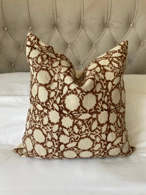Hand Printed Brown Block Print Pillow Cover, Linen Cushion Cover - image 1