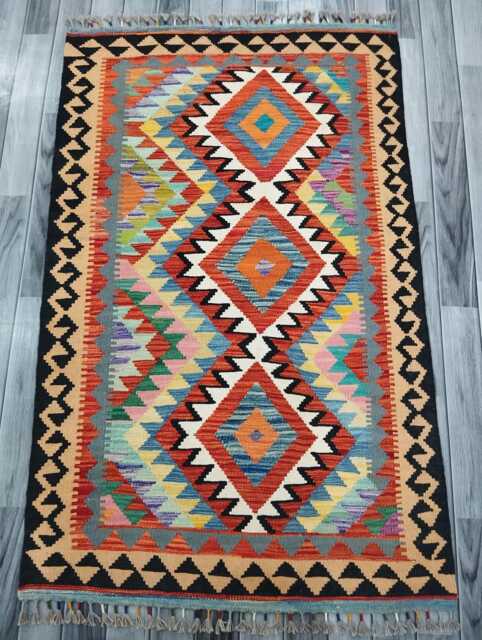 Multicolour Rug, Handmade Artisan Afghan Turkish Scandinavian Navajo Bohemian Flatweave Wool Kilim 159x99 cm - image 1