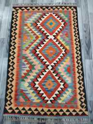 Multicolour Rug, Handmade Artisan Afghan Turkish Scandinavian Navajo Bohemian Flatweave Wool Kilim 159x99 cm - thumbnail 1