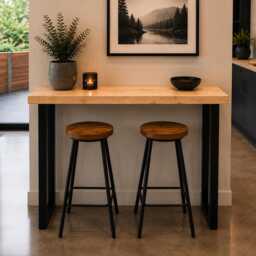 Chunky Solid Timber Breakfast Bar, Industrial Black Steel Frame Console Table Handmade in The UK - thumbnail 3