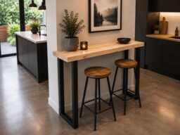 Chunky Solid Timber Breakfast Bar, Industrial Black Steel Frame Console Table Handmade in The UK - thumbnail 1