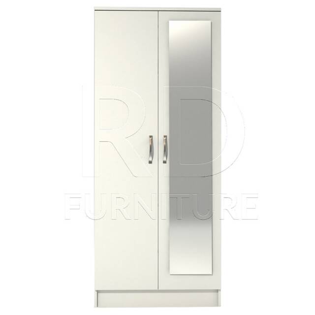 White Wardrobe, Double Wardrobe With Mirror Ready Assembled Classic 2 Door Mirrored - image 1