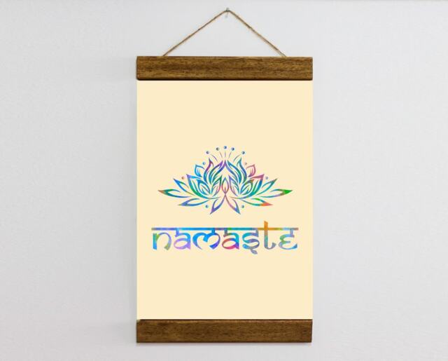Watercolor Lotus Flower Namaste Calligraphy Yoga Theme Decor, Hindu Relaxation Wall Art Wood Framed Canvas Print - image 1