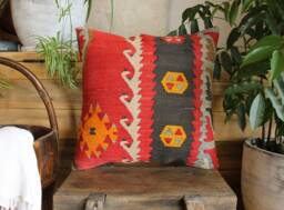 Vintage Kilim Pillow Cover - 16 Inch, Red Charcoal Orange