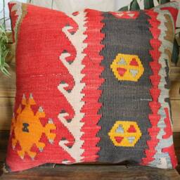 40cm - 16Inch Stunning Kilim Pillow Cover - Antique Slit Weave Nomadic Style Red Charcoal Orange - thumbnail 2