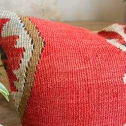 40cm - 16Inch Stunning Kilim Pillow Cover - Antique Slit Weave Nomadic Style Red Charcoal Orange - thumbnail 3