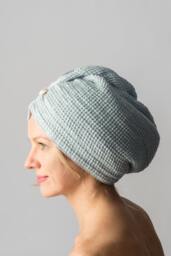 Double-Layered Light Blue Linen Waffle Weave Hair Towel Turban - Luxurious Gift For Women