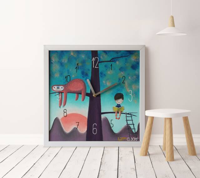 Hand-Painted Nursery Wall Clock Sloth & Little Boy Illustration Sunset Colors Kids Room Silent - image 1
