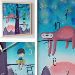 Hand-Painted Nursery Wall Clock Sloth & Little Boy Illustration Sunset Colors Kids Room Silent - thumbnail 4