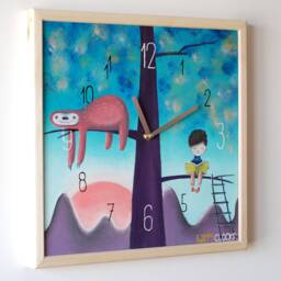 Hand-Painted Nursery Wall Clock Sloth & Little Boy Illustration Sunset Colors Kids Room Silent - thumbnail 2