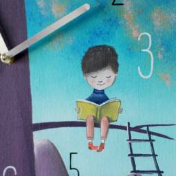 Hand-Painted Nursery Wall Clock Sloth & Little Boy Illustration Sunset Colors Kids Room Silent - thumbnail 3