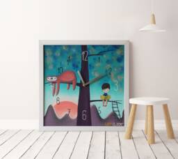 Hand-Painted Nursery Wall Clock Sloth & Little Boy Illustration Sunset Colors Kids Room Silent - thumbnail 1