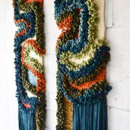 Tall Macrame Wall Hanging Modern Fiber Art Tapestry - Merino Wool & Cotton - thumbnail 2