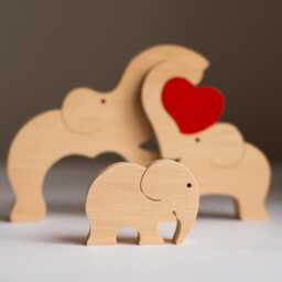 First Mother's Day Gift. 2nd Anniversary Personalized Keepsake For Family Of 3. Family Name Ornament - Wooden Elephant Puzzle - thumbnail 3