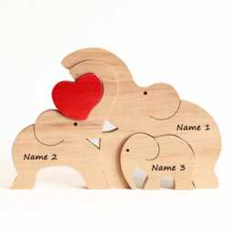 First Mother's Day Gift. 2nd Anniversary Personalized Keepsake For Family Of 3. Family Name Ornament - Wooden Elephant Puzzle - thumbnail 2
