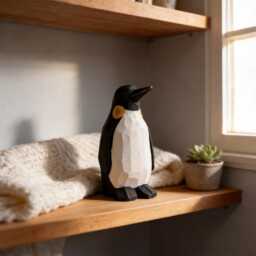 Hand-Carved Wooden Penguin Figurine - Geometric Minimalist Bird Decor Rustic Nursery Art Unique Gift For Animal Lovers & Watchers - thumbnail 3