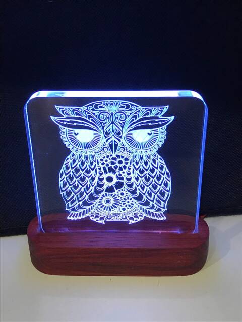 Owl Mandala Zentangle Night Light - Etched Into Clear Glass Like Acrylic On Hand Crafted African Padauk Wood Base