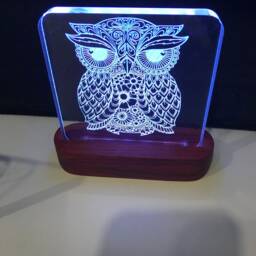 Owl Mandala Zentangle Night Light - Etched Into Clear Glass Like Acrylic On Hand Crafted African Padauk Wood Base - thumbnail 3