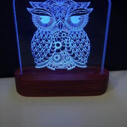 Owl Mandala Zentangle Night Light - Etched Into Clear Glass Like Acrylic On Hand Crafted African Padauk Wood Base - thumbnail 2