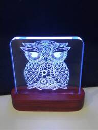 Owl Mandala Zentangle Night Light - Etched Into Clear Glass Like Acrylic On Hand Crafted African Padauk Wood Base