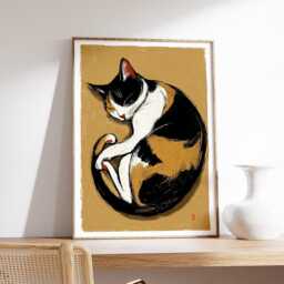 Japanese Cat Poster, Minimalist Calico Wall Art Print, Modern Animal Illustration, Zen Style Home Decor For Living Room Or Bedroom - thumbnail 2