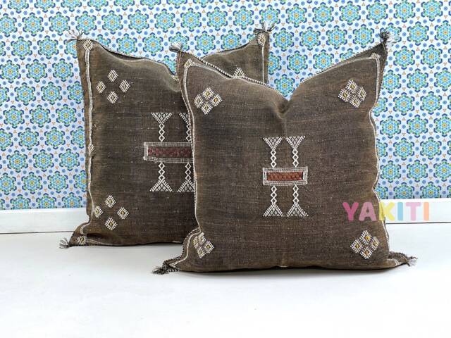 Yakiti-Brown Square Moroccan Pillows 20x20, Aka Cactus Silk Pillow, Decorative Pillows, Sabra Pillows, Decor Designer Cactus Silk - image 1