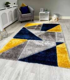 New Silky Soft Mustard, Ochre, Navy, Grey, Silver, Tufted Triangles 3D Design Rug
