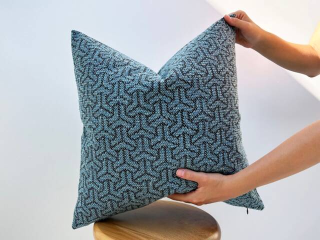 Blue Geometric Linen Pillow Cover Woven Boho Accent Fabric - image 1