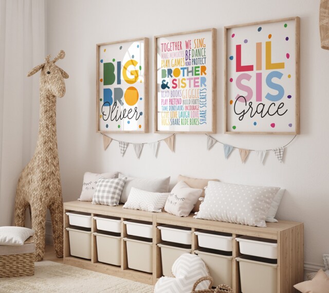 Set Of 3 Playroom Prints, Big Bro Lil Sis, Brother Sister Bedroom Sibling Rainbow Wall Art, Colourful - image 1