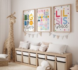 Set Of 3 Playroom Prints, Big Bro Lil Sis, Brother Sister Bedroom Sibling Rainbow Wall Art, Colourful - thumbnail 1