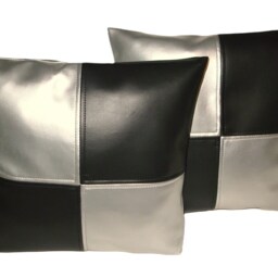 "2 Black & Silver Check Faux Leather Cushion Covers 16"" 18"" 20" - thumbnail 2