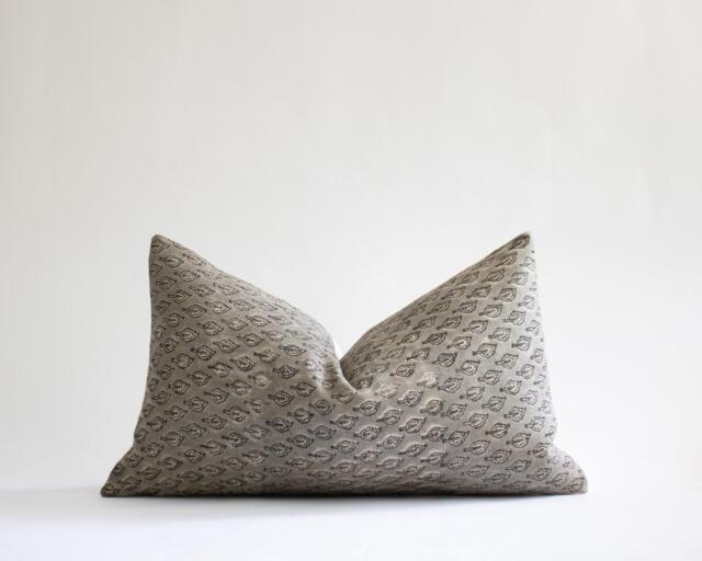 Gray Linen Block Printed Lumbar Pillow Cover Black Leaf Print, Designer Throw - Tatum - image 1
