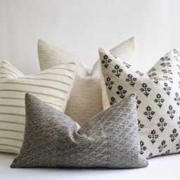 Gray Linen Block Printed Lumbar Pillow Cover Black Leaf Print, Designer Throw - Tatum - thumbnail 2